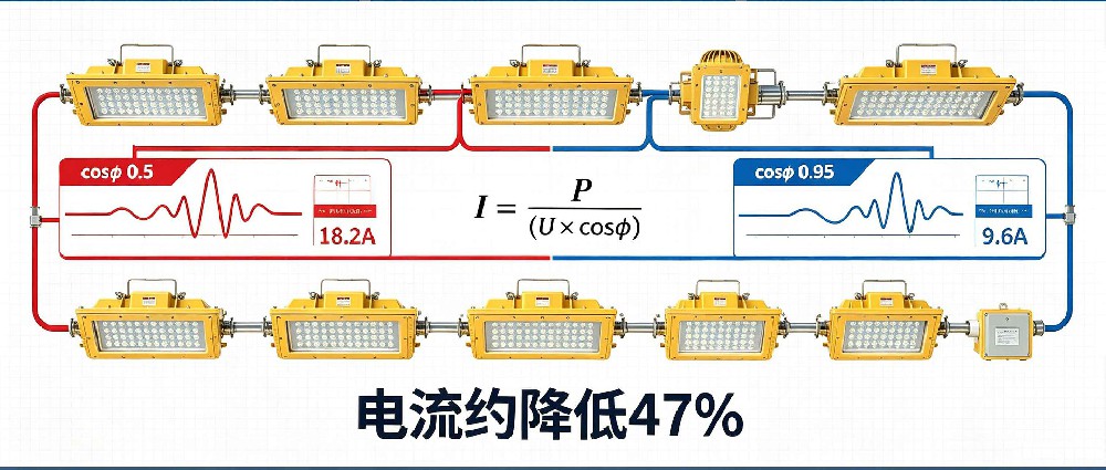 LED 防爆灯功率因数 0.5 提升至 0.95,配电回路电流对比示意图