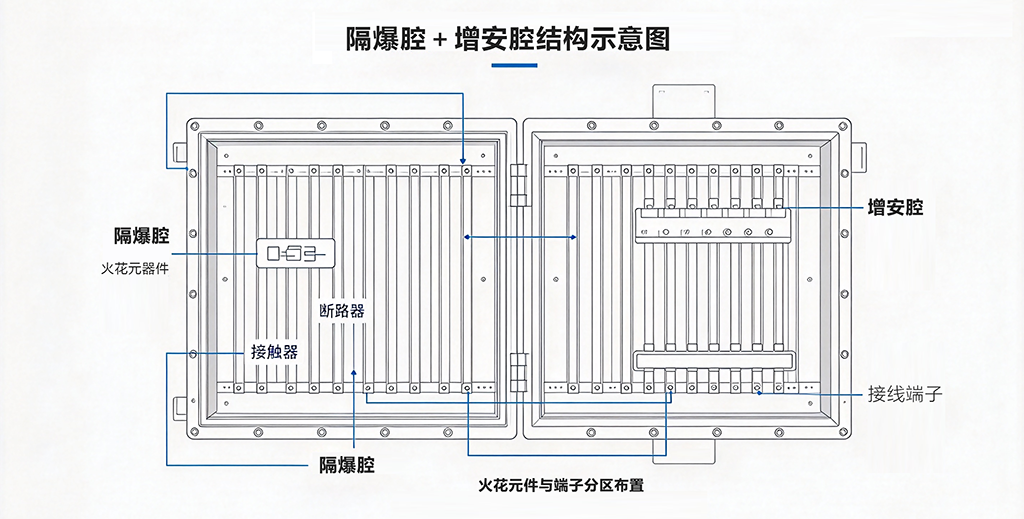 防爆配电箱隔爆腔增安腔剖面结构示意图,火花元件与端子分区布置