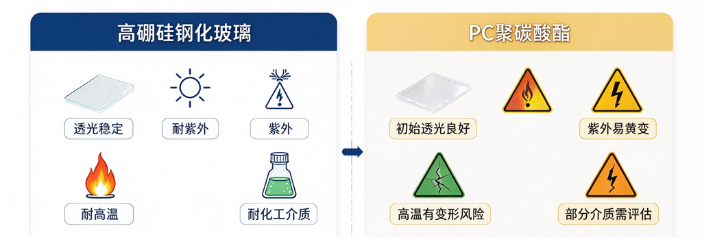 透光罩材料高硼硅钢化玻璃PC聚碳酸酯图标对比