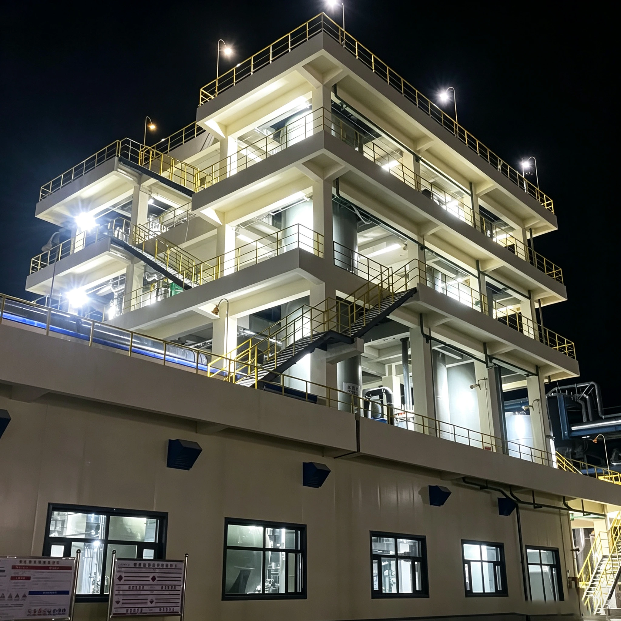 石油化工厂区夜间智慧照明灯具光效实景：多层装置平台灯火通明